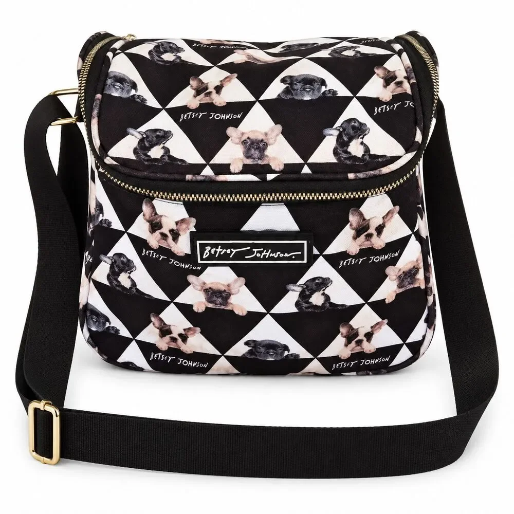 Betsey Johnson Womens French Bulldog Dog Insulated Crossbody Lunch Bag Black